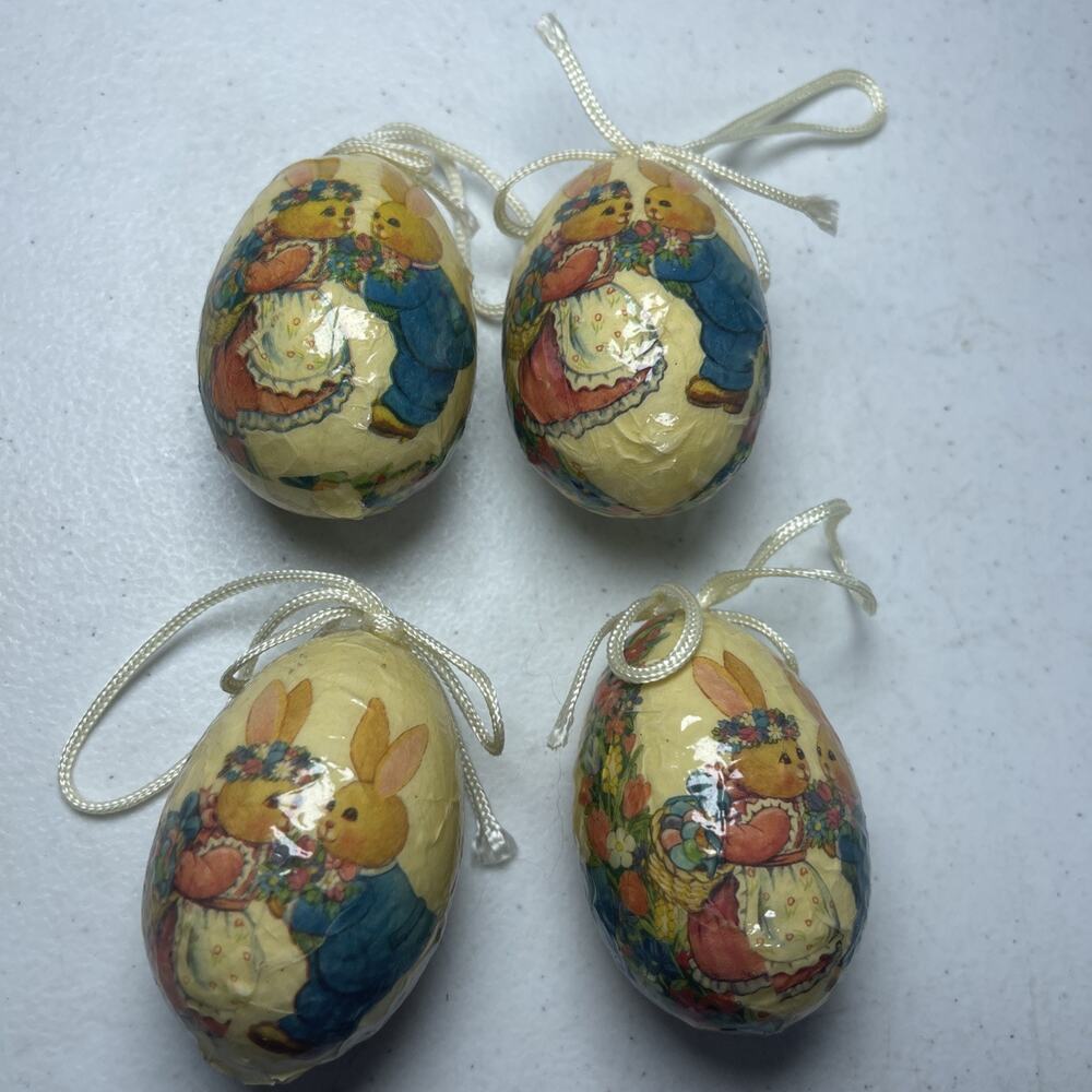 Set Of 4 Vtg Paper Mache Easter Egg Ornaments Decoupage Rabbits & Flowers